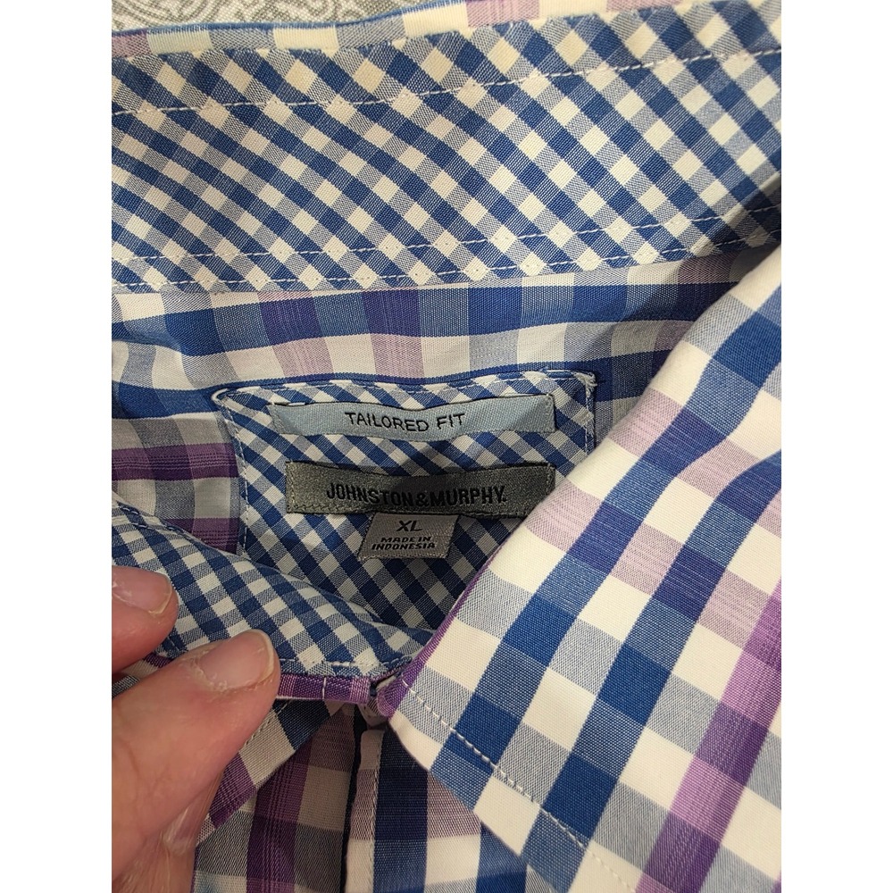 Johnston & Murphy Tailored Fit XL Purple Blue Plaid Long Sleeve Shirt Flip Cuff - Picture 3 of 9